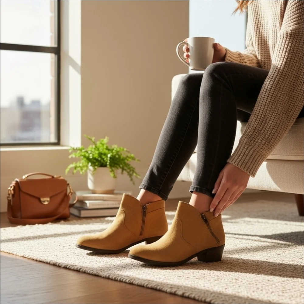 Sun + Stone Micro Suede Double Zipper Booties Boots Sz 8.5 WIDE Caramel Brown